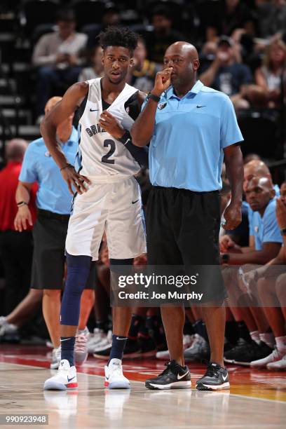 Kobi Simmons and assistant coach Nick Van Exel of the Memphis Grizzlies talk during the game against the Atlanta Hawks during the 2018 Utah Summer...