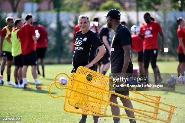 Bruno Genesio of Lyon takes part to a training session at the Groupama OL training center during the training session of the Olympique Lyonnais on...