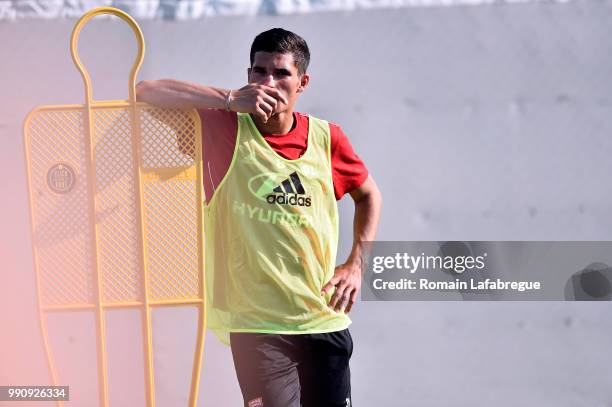 Houssem Aouar of Lyon takes part to a training session at the Groupama OL training center during the training session of the Olympique Lyonnais on...