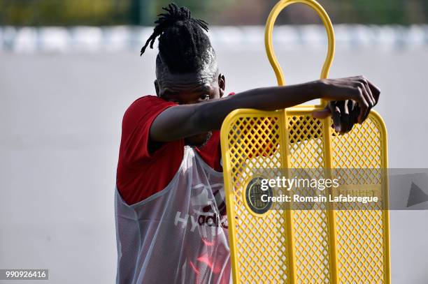 Alain Traore of Lyon takes part to a training session at the Groupama OL training center during the training session of the Olympique Lyonnais on...