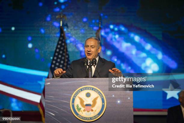 Israeli Prime Minister Benjamin Netanyahu gives a speech at a 4th of July event hosted by the US embassy on July 3, 2018 in Lod, Israel.