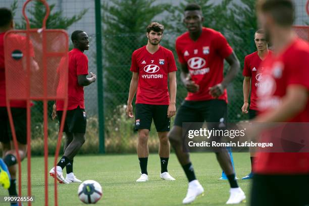 Martin Terrier of Lyon takes part to a training session at the Groupama OL training center during the training session of the Olympique Lyonnais on...