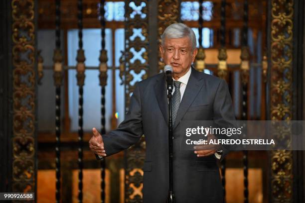 Mexican President-elect Andres Manuel Lopez Obrador speaks during a press conference at the National Palace in Mexico City after holding a meeting...