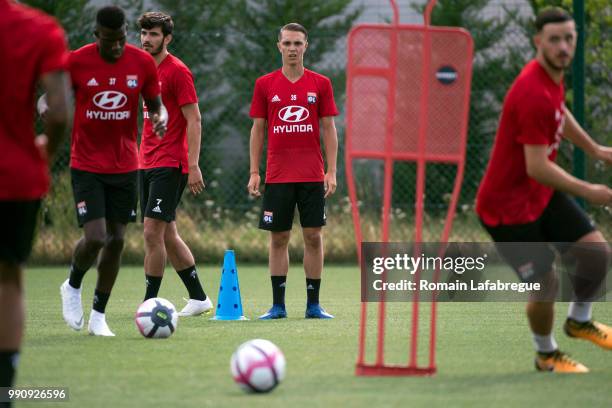 Maxence Caqueret of Lyon takes part to a training session at the Groupama OL training center during the training session of the Olympique Lyonnais on...