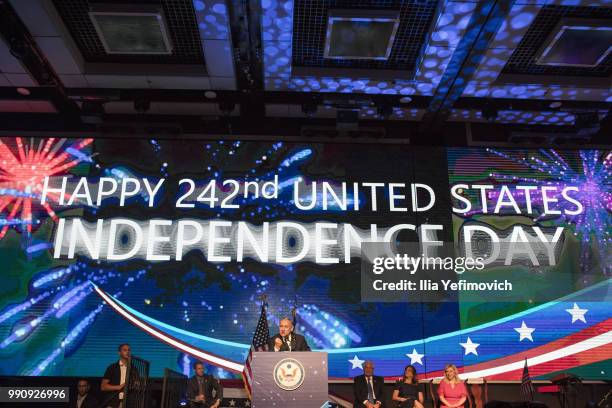 Israeli Prime Minister Benjamin Netanyahu gives a speech at a 4th of July event hosted by the US embassy on July 3, 2018 in Lod, Israel.