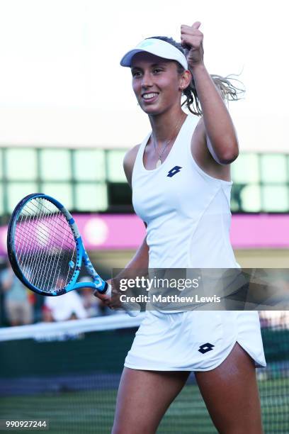 Elise Mertens of Belgium celebrates her victory over Danielle Collins of The United States during their Ladies' Singles first round match on day two...