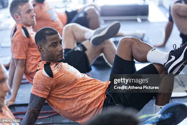 Luciano Narsingh exercises in the gym during the Swansea City Training Session at The Fairwood Training Ground on July 03, 2018 in Swansea, Wales.