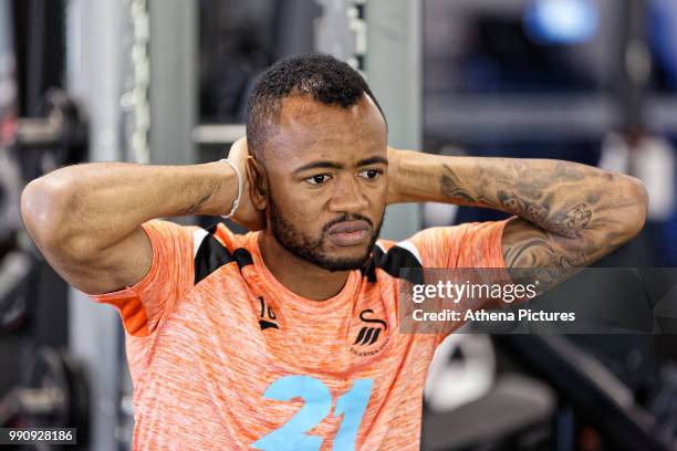 Jordan Ayew exercises in the gym during the Swansea City Training Session at The Fairwood Training Ground on July 03, 2018 in Swansea, Wales.