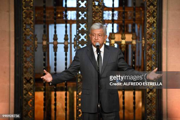 Mexican President-elect Andres Manuel Lopez Obrador speaks during a press conference at the National Palace in Mexico City after holding a meeting...