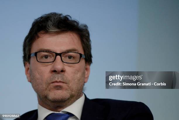 The Undersecretary to the Presidency Giancarlo Giorgetti attends the Presentation to the Press of the Dignity Decree approved by the government on...