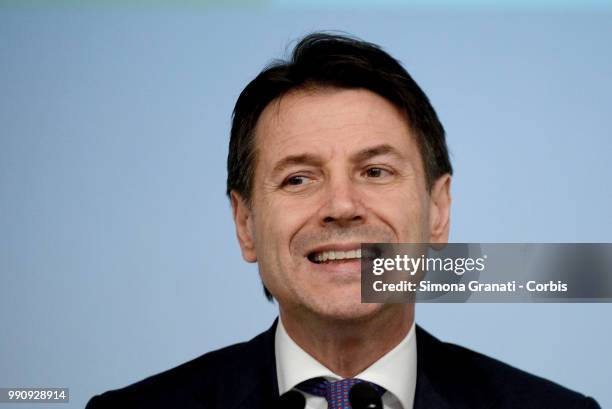 Prime Minister of Italy Giuseppe Conte attends the presentation to the press of the Dignity Decree approved by the government on July 03, 2018 in...