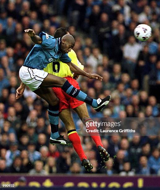Paulo Wanchope of Man City clashes with Ramon Vega of Watford during the Manchester City v Watford Nationwide Division One match at Maine Road,...