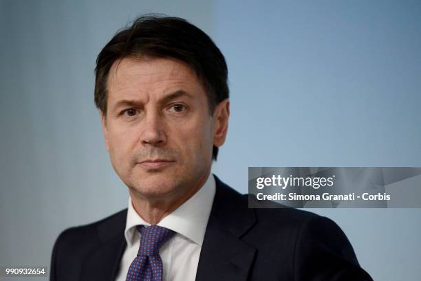 Prime Minister of Italy Giuseppe Conte attends the presentation to the press of the Dignity Decree approved by the government on July 03, 2018 in...