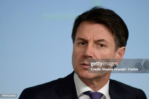 Prime Minister of Italy Giuseppe Conte attends the presentation to the press of the Dignity Decree approved by the government on July 03, 2018 in...