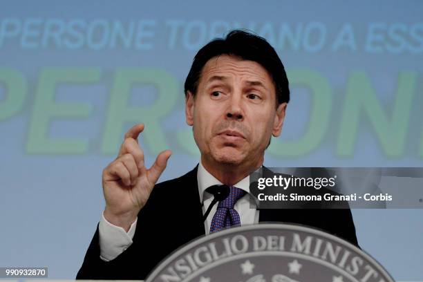 Prime Minister of Italy Giuseppe Conte attends the presentation to the press of the Dignity Decree approved by the government on July 03, 2018 in...