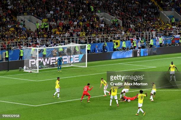 Harry Kane of England is fouled by Jefferson Lerma of Colombia outside Colombia penalty area during the 2018 FIFA World Cup Russia Round of 16 match...