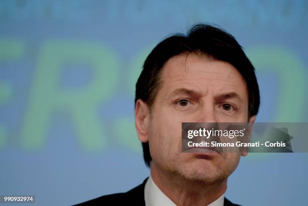 Prime Minister of Italy Giuseppe Conte attends the presentation to the press of the Dignity Decree approved by the government on July 03, 2018 in...