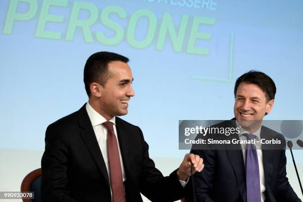 The Prime Minister Giuseppe Conte and the Minister of Labour Luigi Di Maio attend the presentation to the press of the Dignity Decree approved by the...