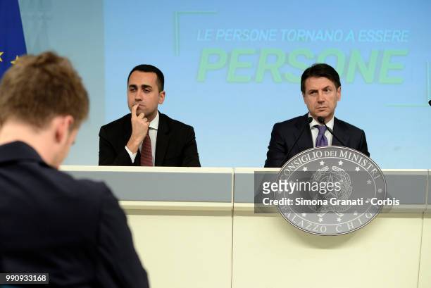 The Prime Minister Giuseppe Conte and the Minister of Labour Luigi Di Maio attend the presentation to the press of the Dignity Decree approved by the...