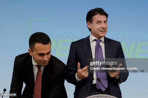 The Prime Minister Giuseppe Conte and the Minister of Labour Luigi Di Maio attend the presentation to the press of the Dignity Decree approved by the...