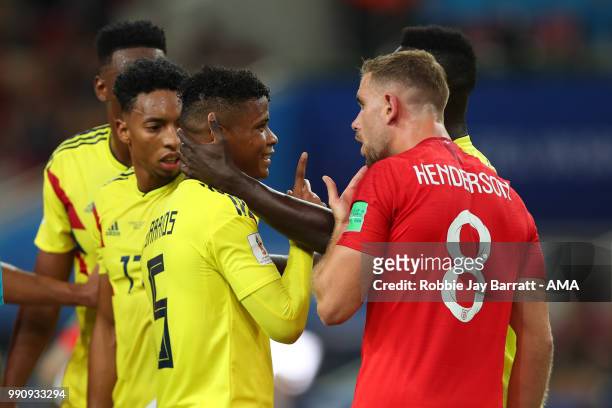Jordan Henderson of England reacts following a clash with Wilmar Barrios of Colombia during the 2018 FIFA World Cup Russia Round of 16 match between...