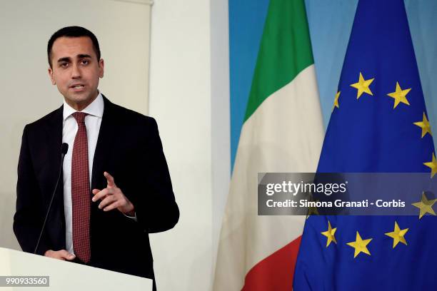 The Minister of Labour Luigi Di Maio attends the presentation to the press of the Dignity Decree approved by the government on July 03, 2018 in Rome,...