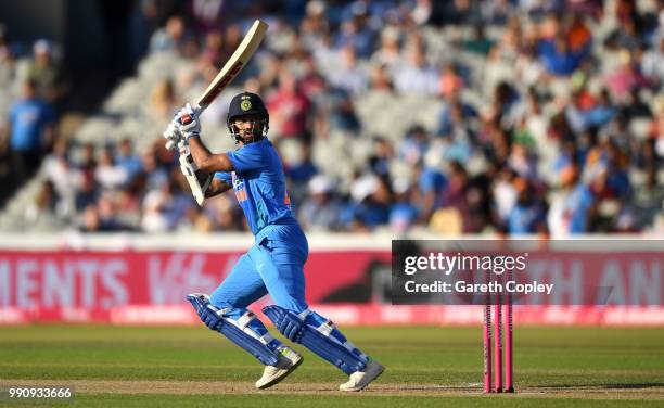 Shikhar Dhawan of India bats during the 1st Vitality International T20 match between England and India at Emirates Old Trafford on July 3, 2018 in...