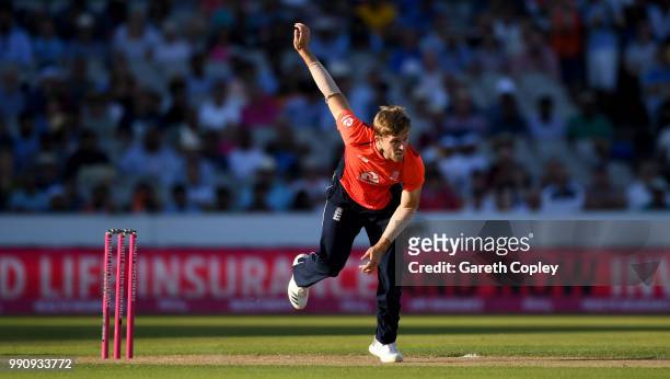 David Willey of England bowls during the 1st Vitality International T20 match between England and India at Emirates Old Trafford on July 3, 2018 in...