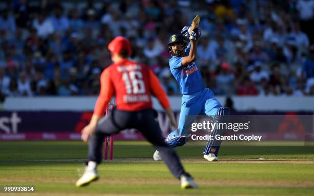 Lokesh Rahul of India bats during the 1st Vitality International T20 match between England and India at Emirates Old Trafford on July 3, 2018 in...