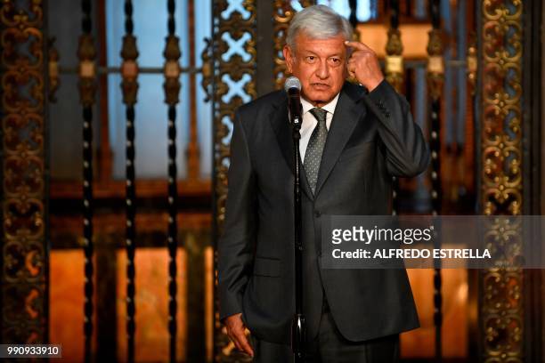 Mexican President-elect Andres Manuel Lopez Obrador speaks during a press conference at the National Palace in Mexico City after holding a meeting...
