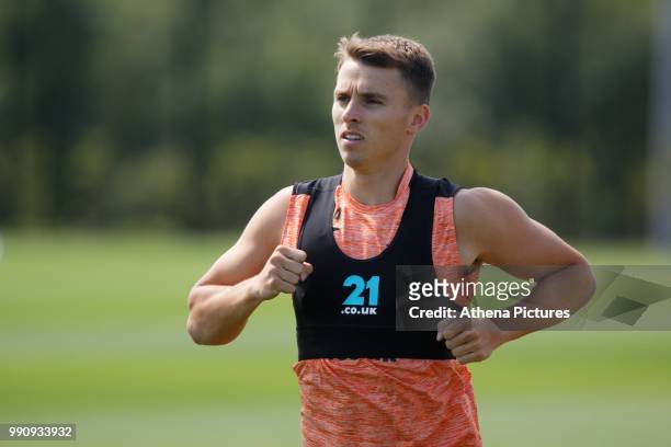 Tom Carroll in action during the Swansea City Training Session at The Fairwood Training Ground on July 03, 2018 in Swansea, Wales.