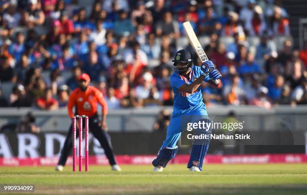 Virat Kohli of India batting during the 1st Vitality International T20 match between England and India at Emirates Old Trafford on July 3, 2018 in...