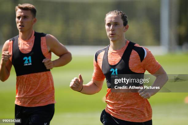 Tom Carroll and Aaron Lewis in action during the Swansea City Training Session at The Fairwood Training Ground on July 03, 2018 in Swansea, Wales.