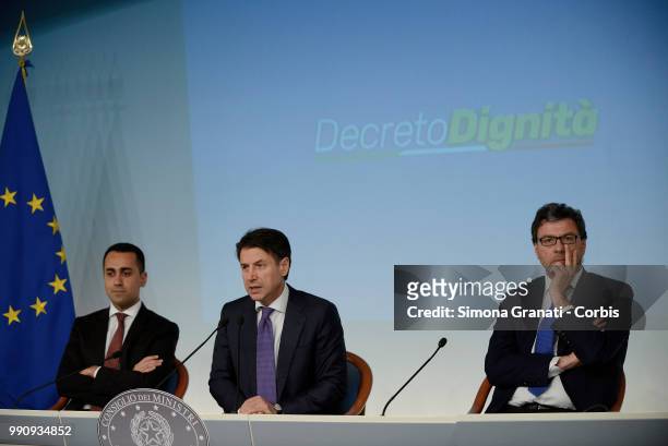Prime Minister of Italy Giuseppe Conte, the Minister of Labour Luigi Di Maio and the Undersecretary to the Presidency Giancarlo Giorgetti attend the...