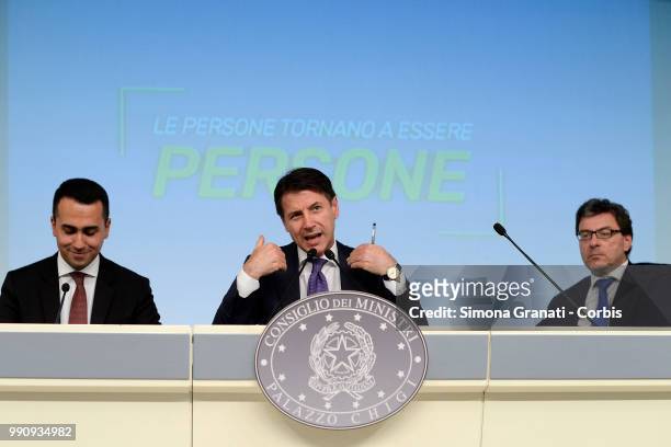 Prime Minister of Italy Giuseppe Conte, the Minister of Labour Luigi Di Maio and the Undersecretary to the Presidency Giancarlo Giorgetti during the...