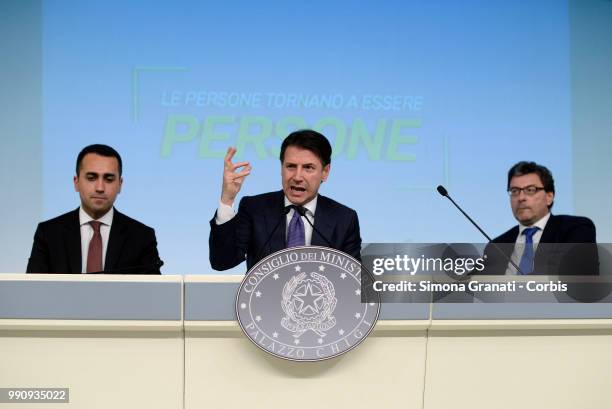 Prime Minister of Italy Giuseppe Conte, the Minister of Labour Luigi Di Maio and the Undersecretary to the Presidency Giancarlo Giorgetti during the...