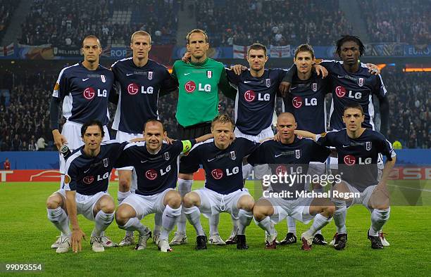 Fulham players line up prior to the UEFA Europa League final match between Atletico Madrid and Fulham at HSH Nordbank Arena on May 12, 2010 in...