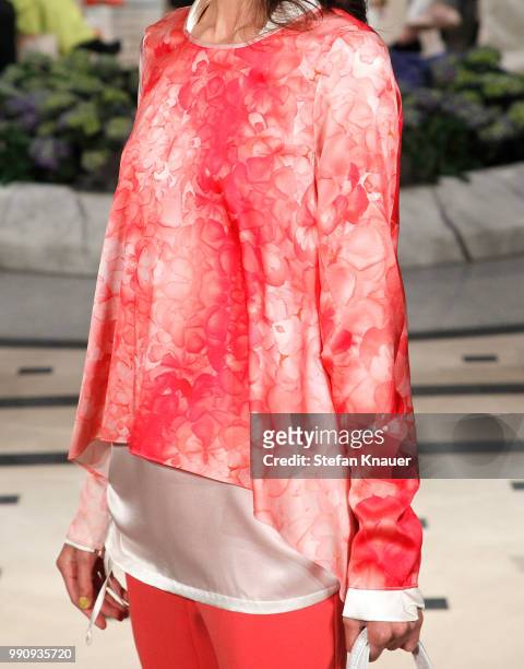 Model, fashion detail, walks the runway at the Anja Gockel show during the Berlin Fashion Week Spring/Summer 2019 at Hotel Adlon on July 3, 2018 in...