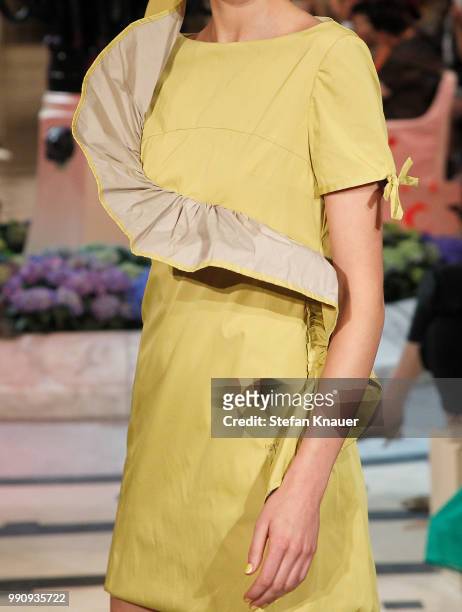Model, fashion detail, walks the runway at the Anja Gockel show during the Berlin Fashion Week Spring/Summer 2019 at Hotel Adlon on July 3, 2018 in...