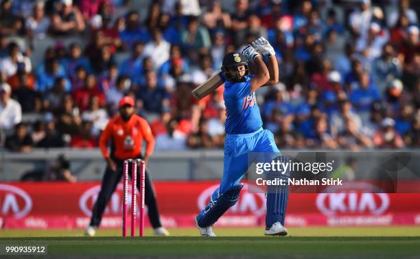 Rohit Sharma of India batting during the 1st Vitality International T20 match between England and India at Emirates Old Trafford on July 3, 2018 in...