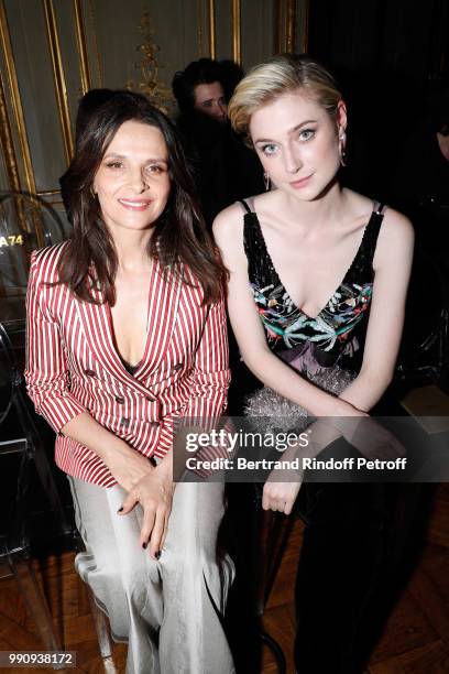 Actresses Juliette Binoche and Elizabeth Debicki attend the Giorgio Armani Prive Haute Couture Fall Winter 2018/2019 show as part of Paris Fashion...