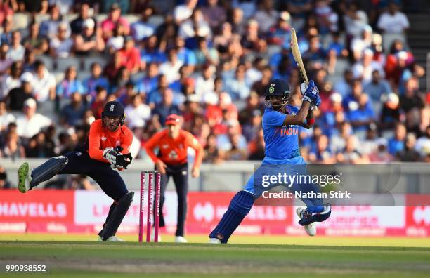 Lokesh Rahul of India batting during the 1st Vitality International T20 match between England and India at Emirates Old Trafford on July 3, 2018 in...