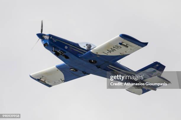 FlyLatino FL-100RGs aircraft of the Italian Blu Circe Team perform an aerobatic display during the Kavala Air Sea Show on June 30, 2018 in Kavala,...