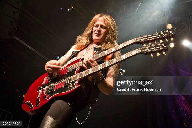 Guitarist Doug Aldrich of the Australian-American band The Dead Daisies performs live on stage during a concert at the Kesselhaus on May 3, 2018 in...