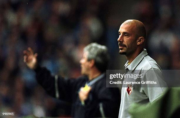 Kevin Keegan of Man City and Gianluca Vialli of Watford come off the bench during the Manchester City v Watford Nationwide Division One match at...