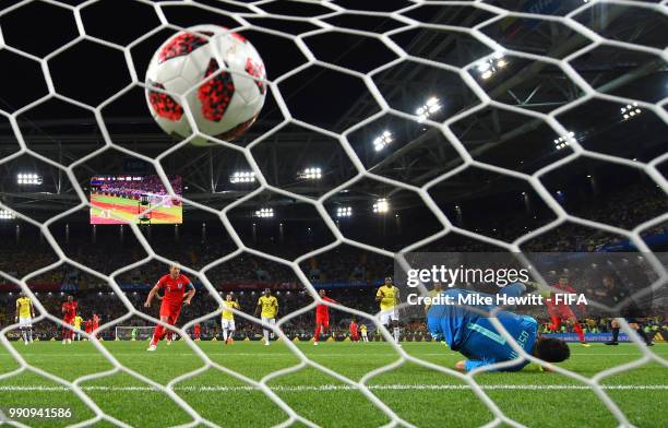 Harry Kane of England scores the opening goal from a penalty past David Ospina of Colombia during the 2018 FIFA World Cup Russia Round of 16 match...