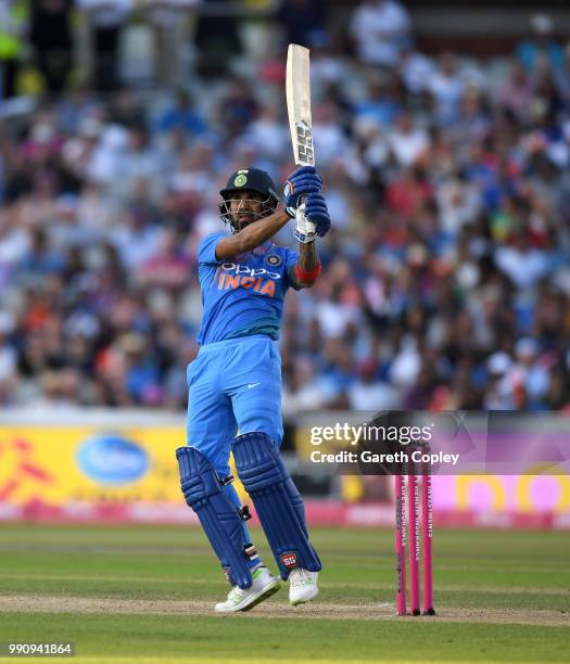 Lokesh Rahul of India hits ut for six runs during the 1st Vitality International T20 match between England and India at Emirates Old Trafford on July...