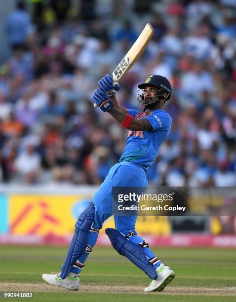 Lokesh Rahul of India hits ut for six runs during the 1st Vitality International T20 match between England and India at Emirates Old Trafford on July...