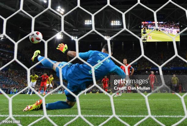 Harry Kane of England scores the opening goal from a penalty past David Ospina of Colombia during the 2018 FIFA World Cup Russia Round of 16 match...