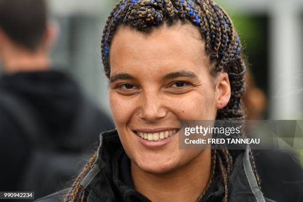 French skipper Marie Tabarly reacts before the start of her sailing project "Elemen'Terre project" in Lorient, western France, on July 3, 2018.